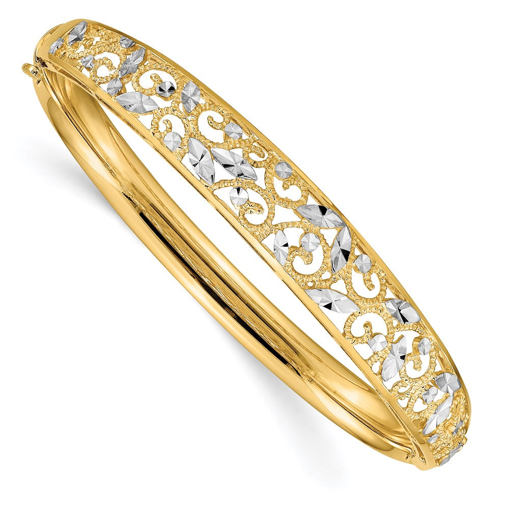 14K with White Rhodium Diamond-cut Filigree Graduated Hinged Oval Bangle Bracelet