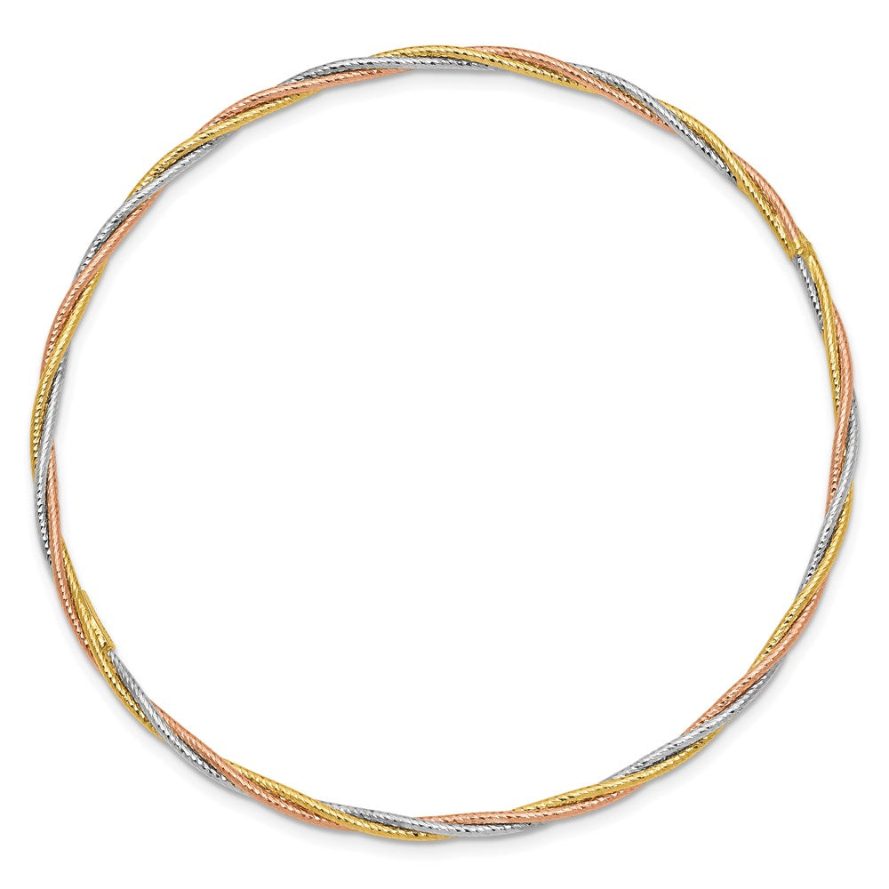 14k Tri-color Polished Diamond-cut Twisted Slip-on Round Bangle Bracelet
