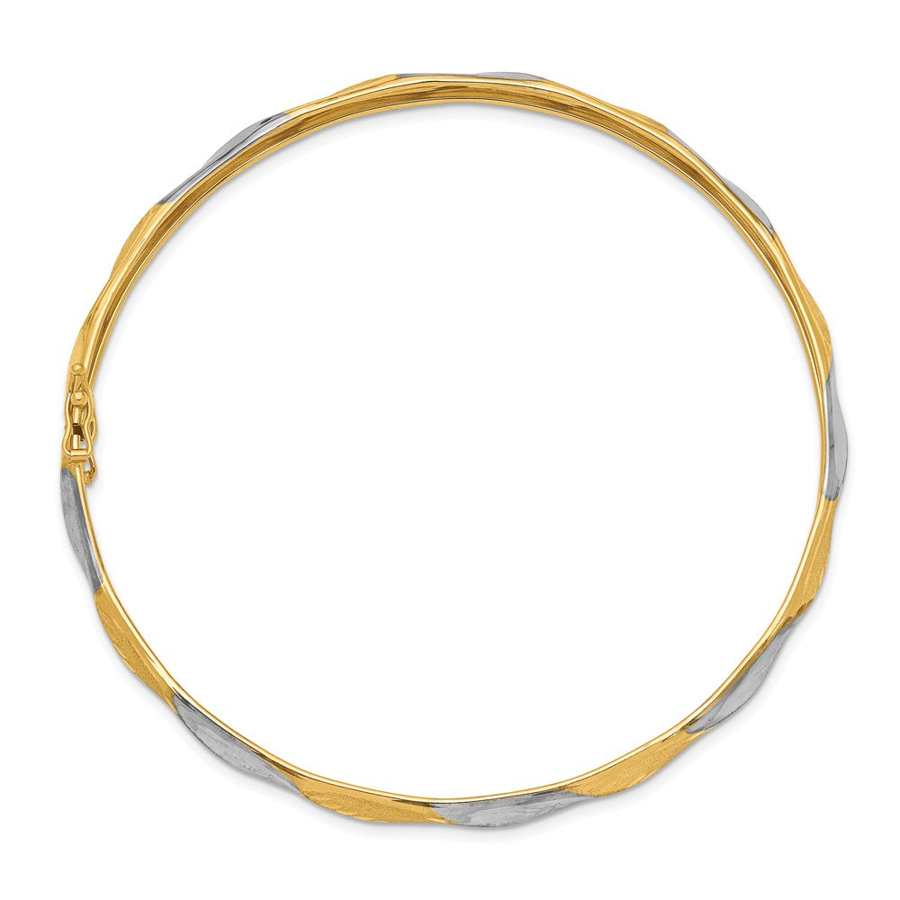 14k with White Rhodium Polished and Satin Diamond-cut Flexible Round Bangle Bracelet