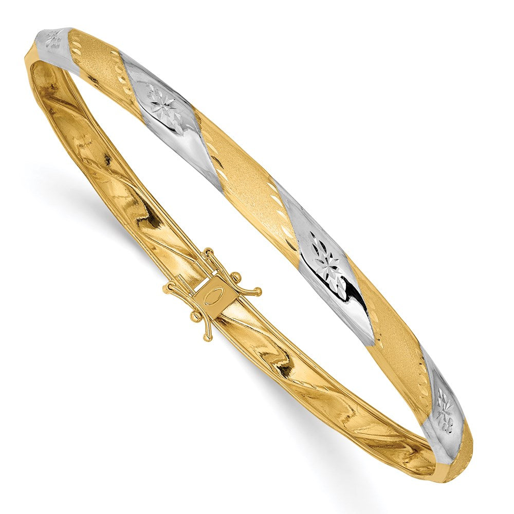 14k with White Rhodium Polished and Satin Diamond-cut Flexible Round Bangle Bracelet