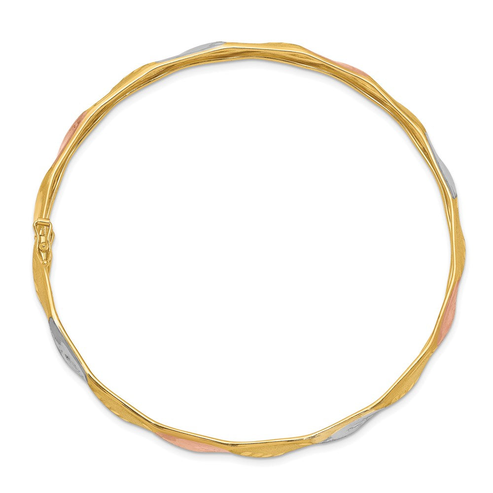 14K with White and Rose Rhodium Polished and Satin Diamond-cut Flexible Round Bangle Bracelet