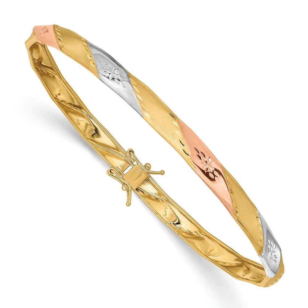 14K with White and Rose Rhodium Polished and Satin Diamond-cut Flexible Round Bangle Bracelet