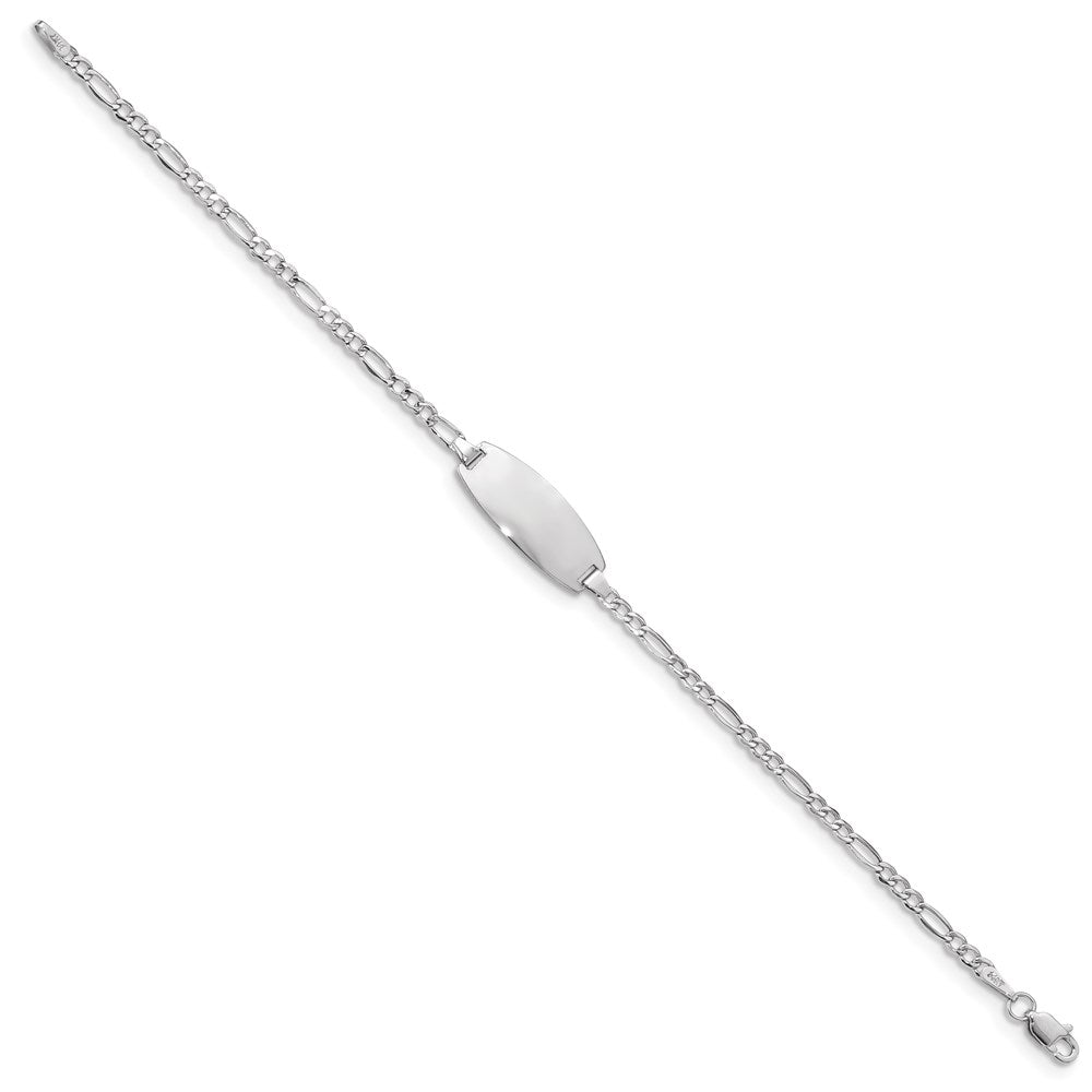 14k White Gold Polished Semi-Solid Chain/Solid Plate Figaro Link Oval 18.5x Plate Baby/Child ID Bracelet