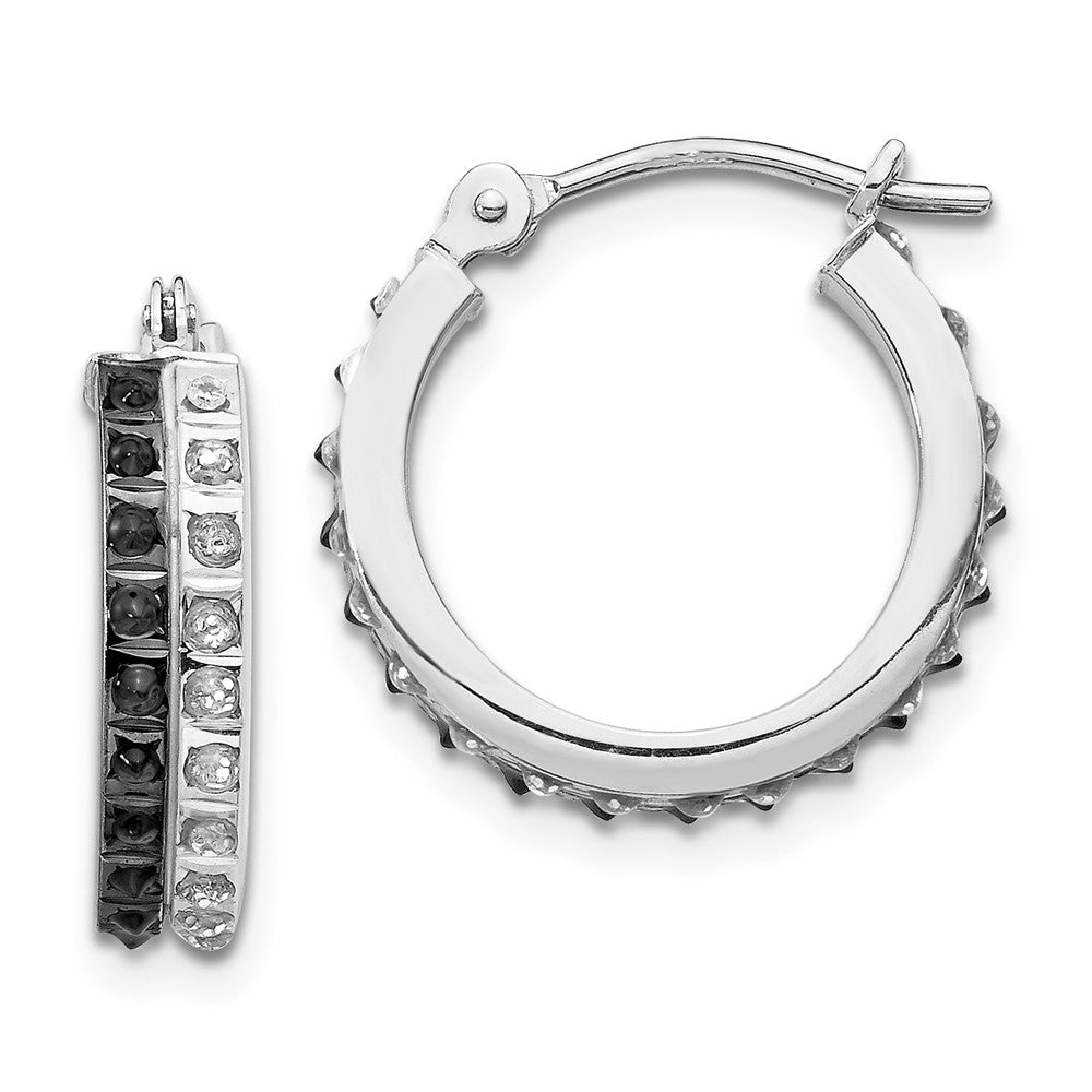 14k White Gold Diamond Fascination B & W Diamond Round Hinged Hoop Earrings