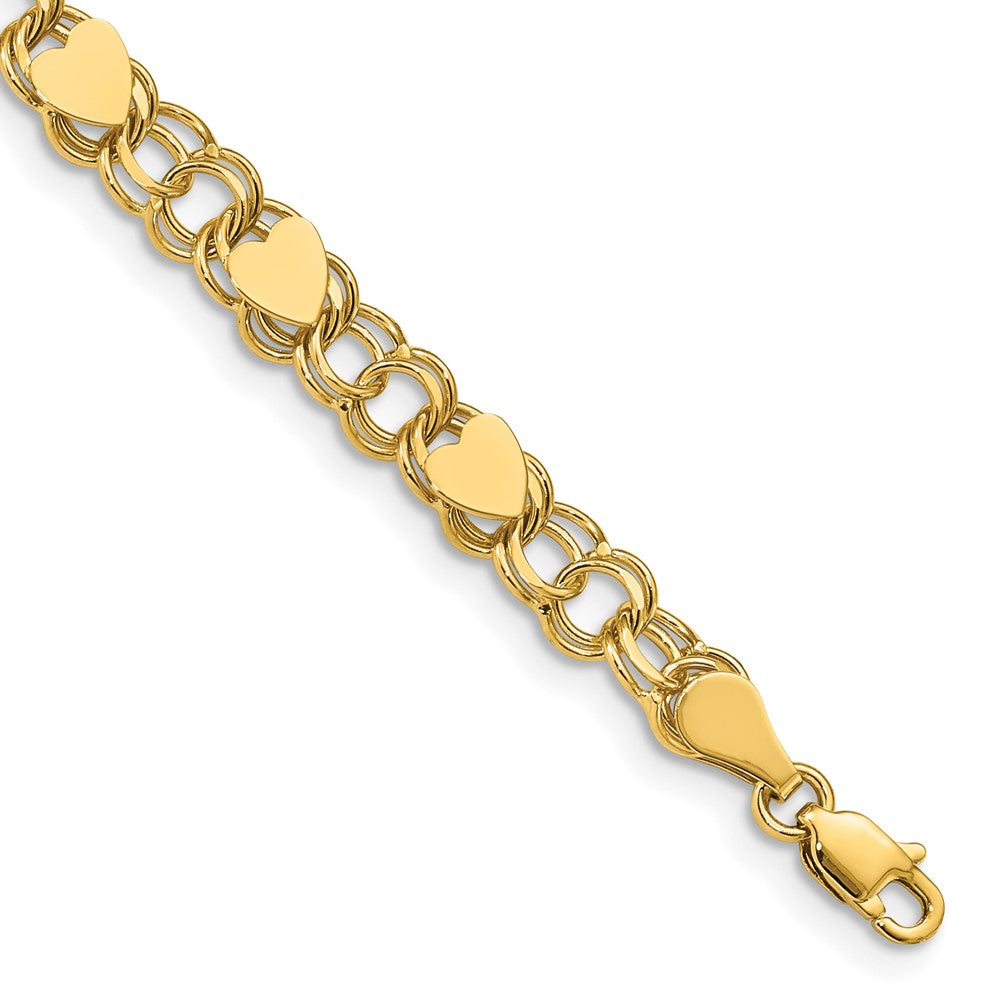 14k Solid Double Link with Hearts Charm Bracelet
