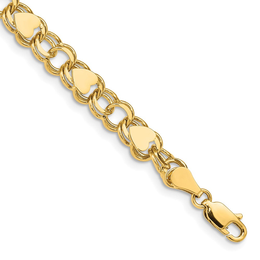 14k Solid Double Link with Hearts Charm Bracelet