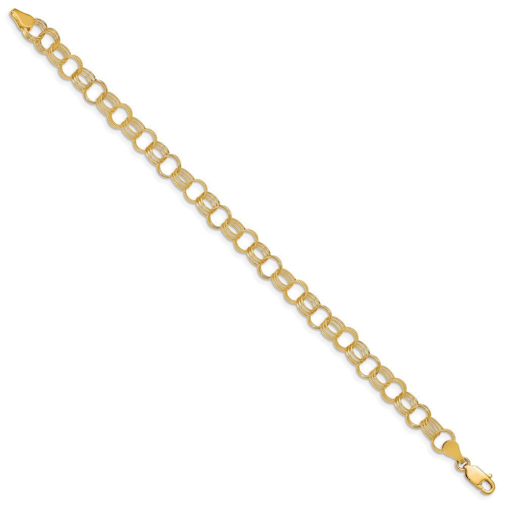 14k Solid Polished and Textured Triple Link Charm Bracelet