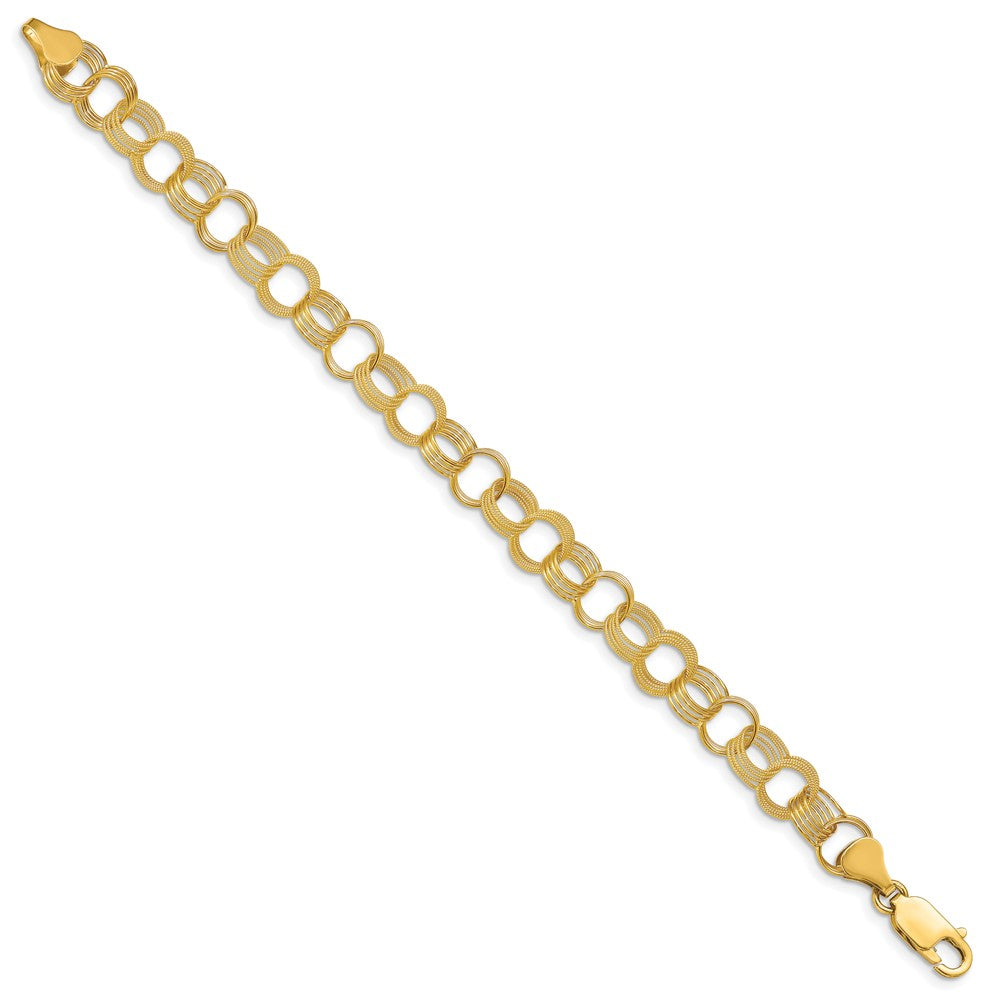 14k Solid Polished and Textured Triple Link Charm Bracelet