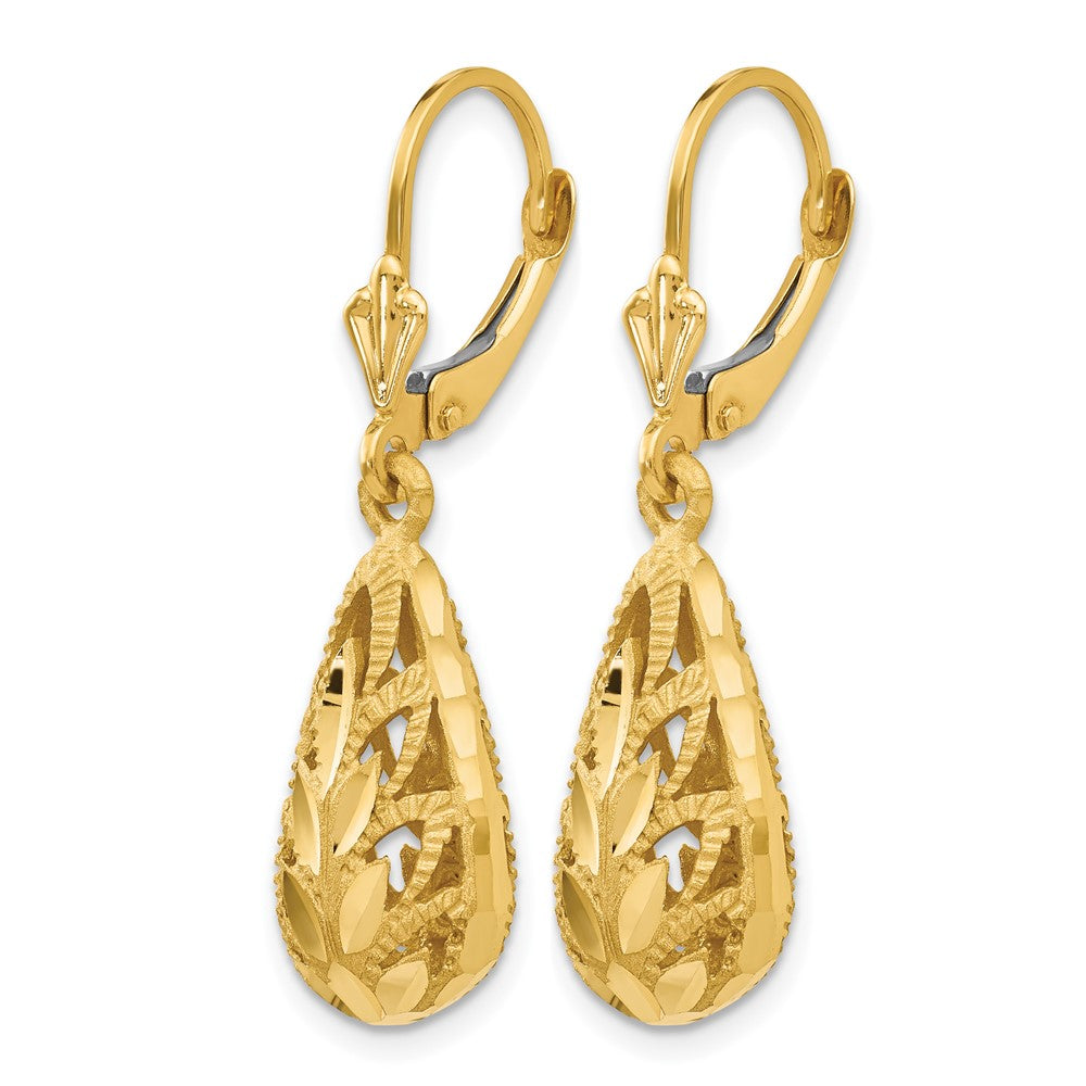 14k Polished Diamond-Cut Teardrop Dangle Leverback Earrings