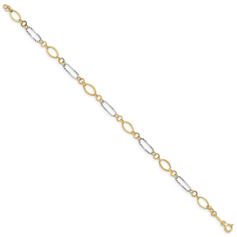 14k Two-tone Polished and Textured Oval Link Bracelet