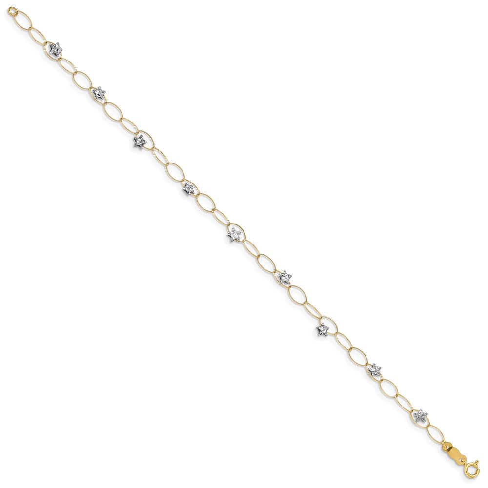 14k Two-tone Diamond-cut Puffed Stars and Oval Link Bracelet