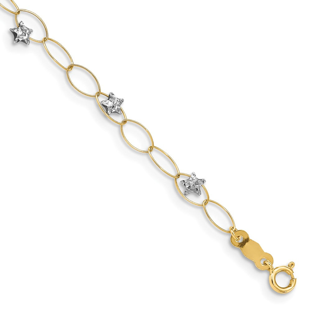 14k Two-tone Diamond-cut Puffed Stars and Oval Link Bracelet