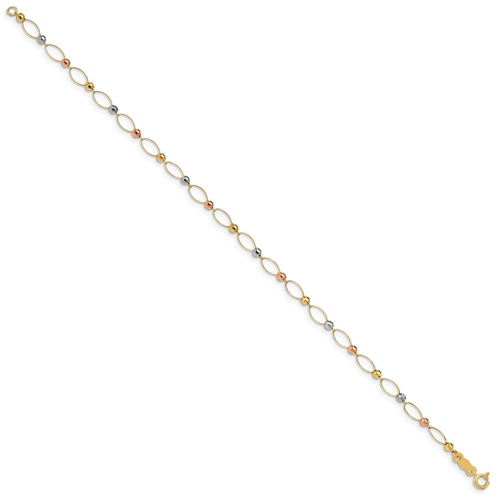 14K Tri-color Oval Link with Mirror Beads Bracelet