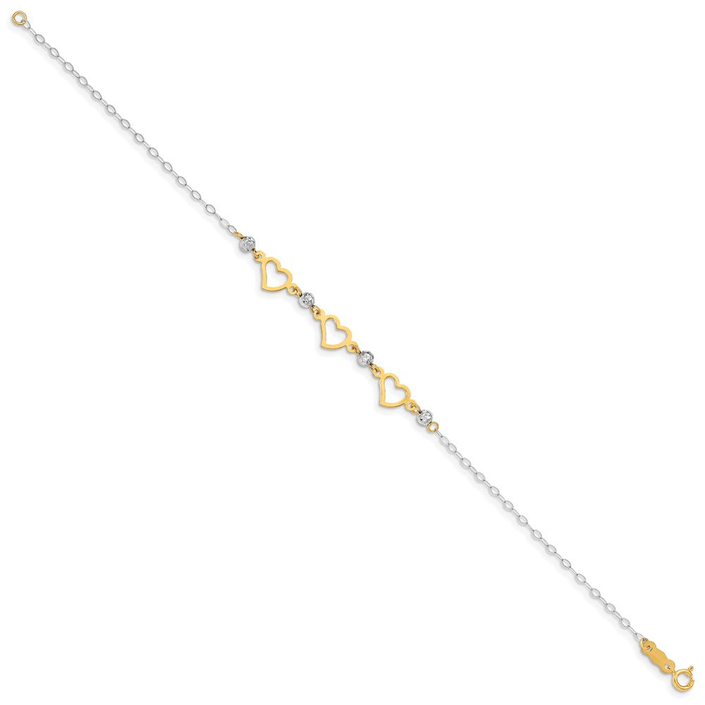 14K Two-tone Hearts and Diamond-cut Beads Bracelet