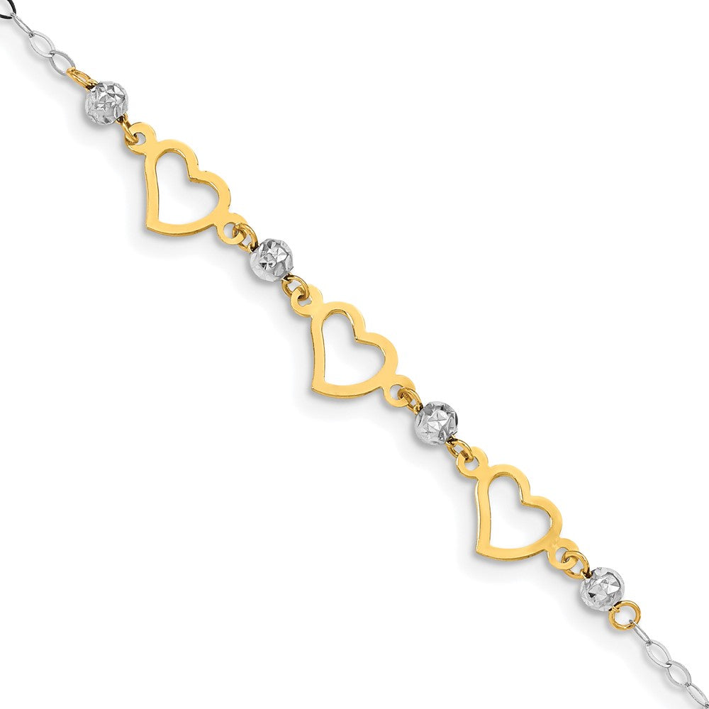 14K Two-tone Oval Link Diamond Cut Beads and Heart Bracelet