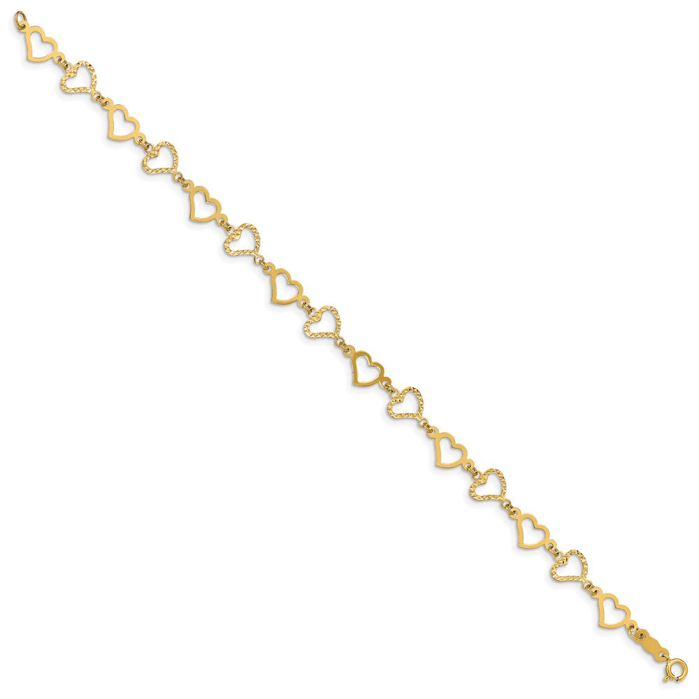 14K Flat Diamond -cut and Polished Open Hearts Bracelet