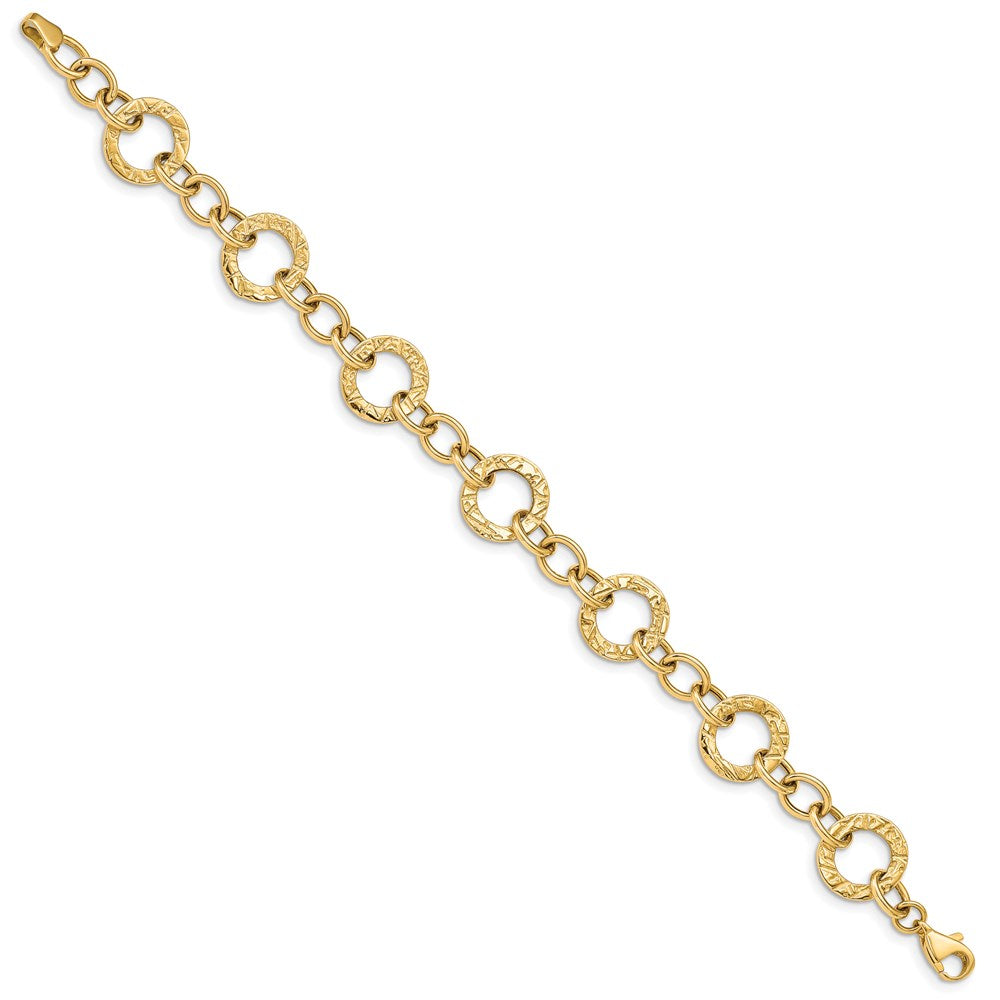 14k Polished and Textured Fancy Circle Link Bracelet
