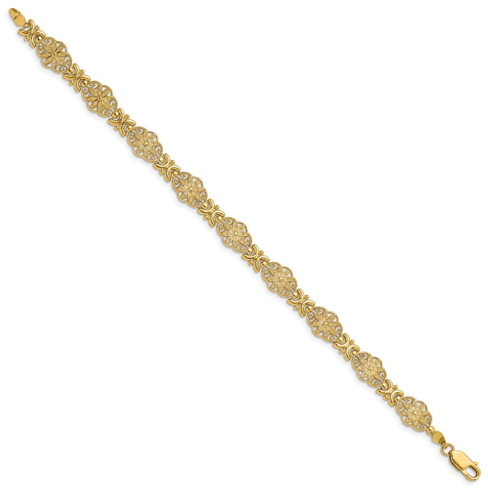 14K Polished and Textured Fancy Floral Link Bracelet