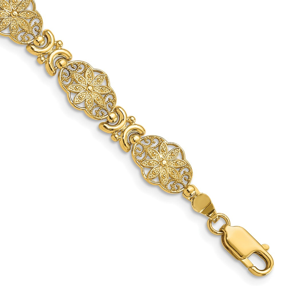 14K Polished and Textured Fancy Floral Link Bracelet