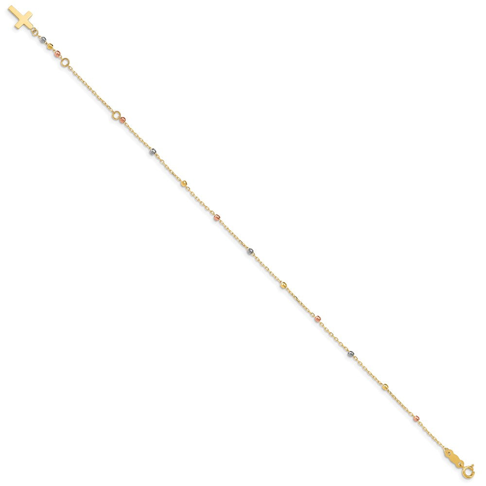 14K Tri-color Diamond-cut Beaded Bracelet Plus Cross Extender