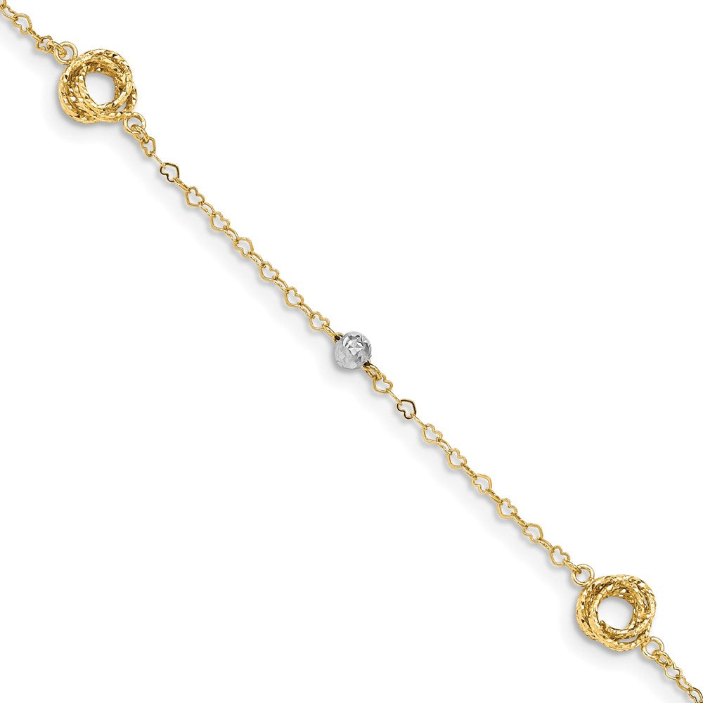 14k Two-tone Love Knots and Beads on Small Heart Link Bracelet