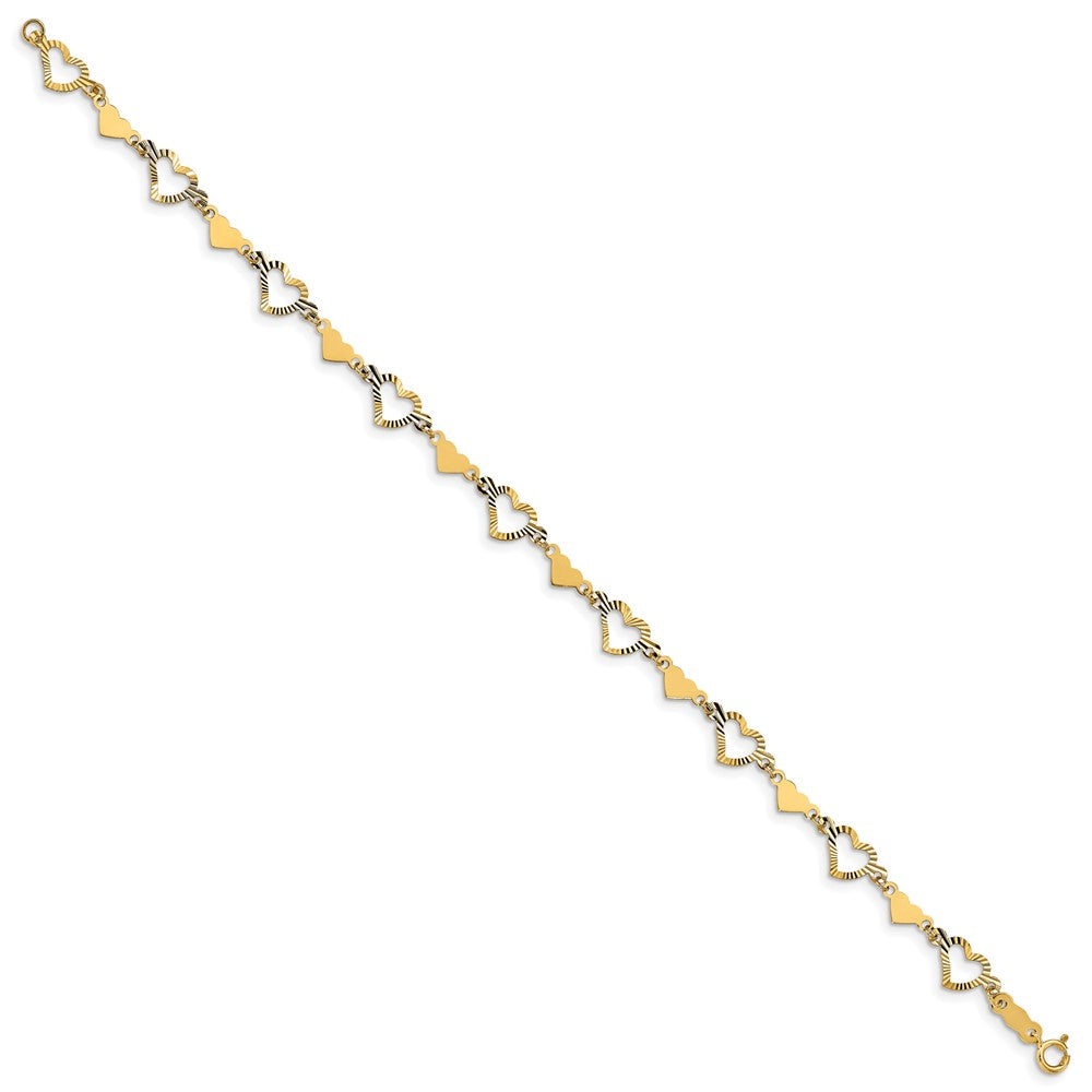 14k Diamond-cut Open and Polished Hearts Bracelet