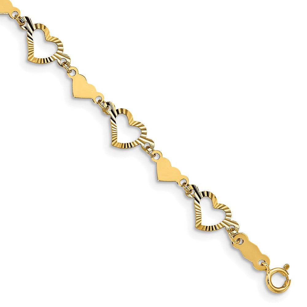 14k Diamond-cut Open and Polished Hearts Bracelet