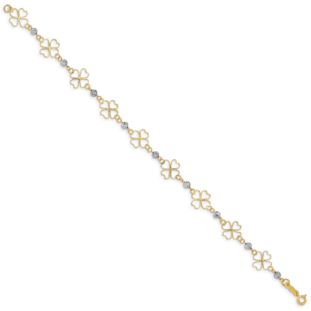 14k Two-tone Diamond-cut Open 4-Leaf Clovers and Beads Bracelet