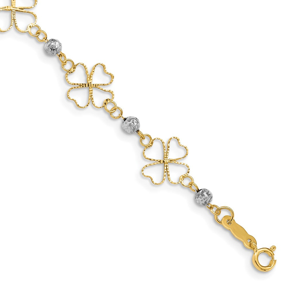 14k Two-tone Diamond-cut Open 4-Leaf Clovers and Beads Bracelet