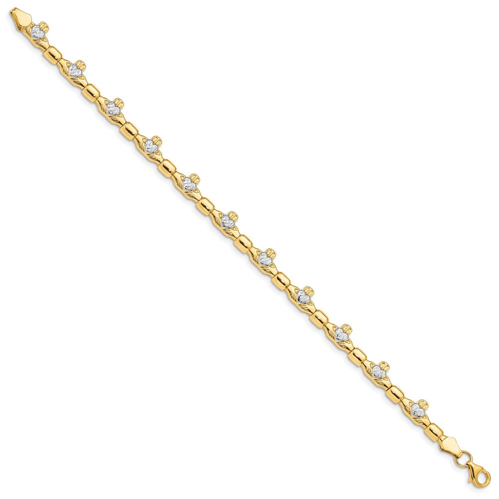 14K with White Rhodium Diamond-cut Claddagh Polished Link Bracelet