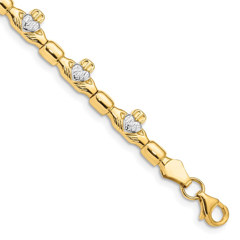 14K with White Rhodium Diamond-cut Claddagh Polished Link Bracelet