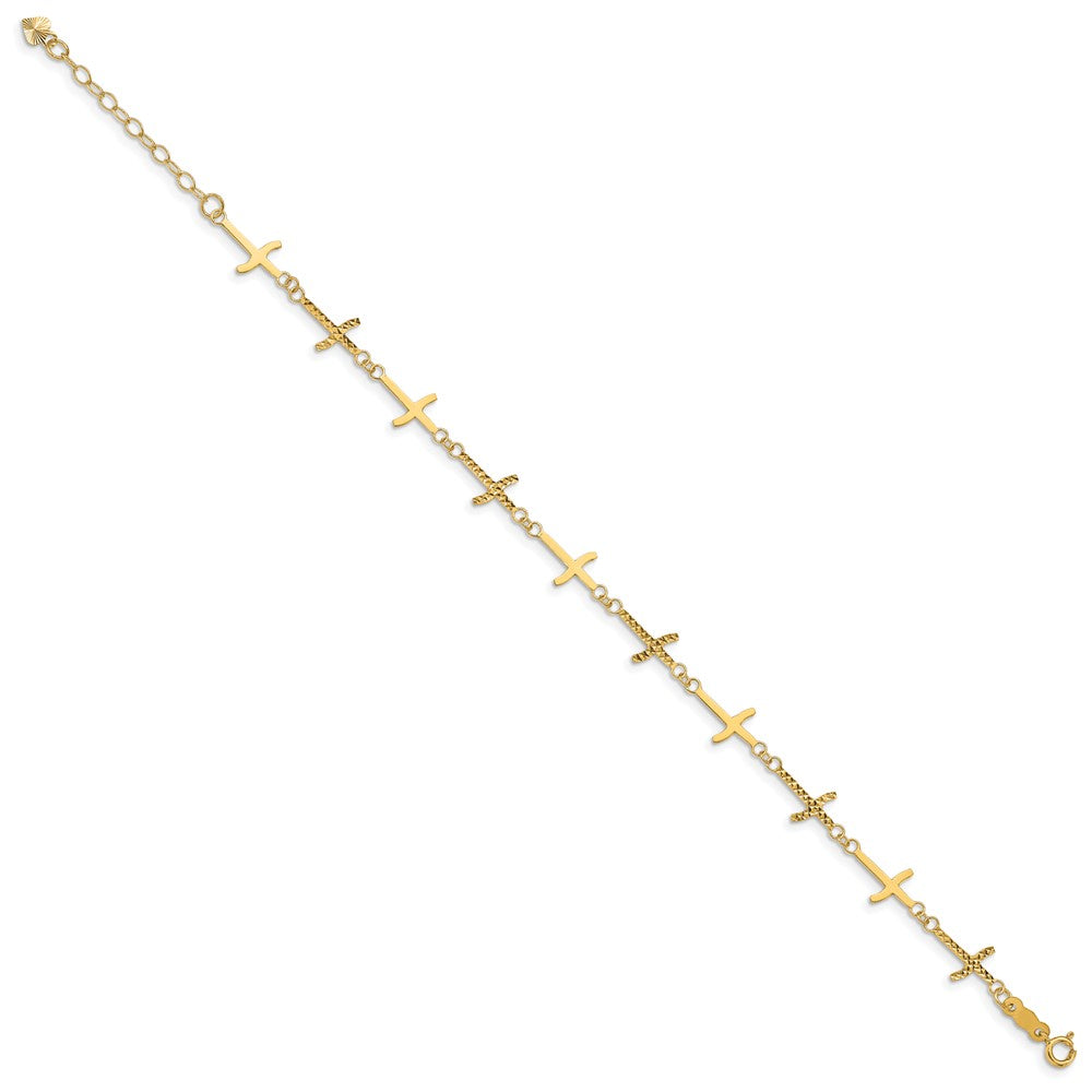 14k Polished and Diamond-cut Crosses Bracelet Plus Extender