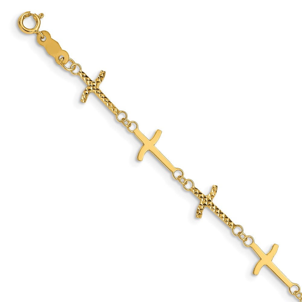 14k Polished and Diamond-cut Crosses Bracelet Plus Extender