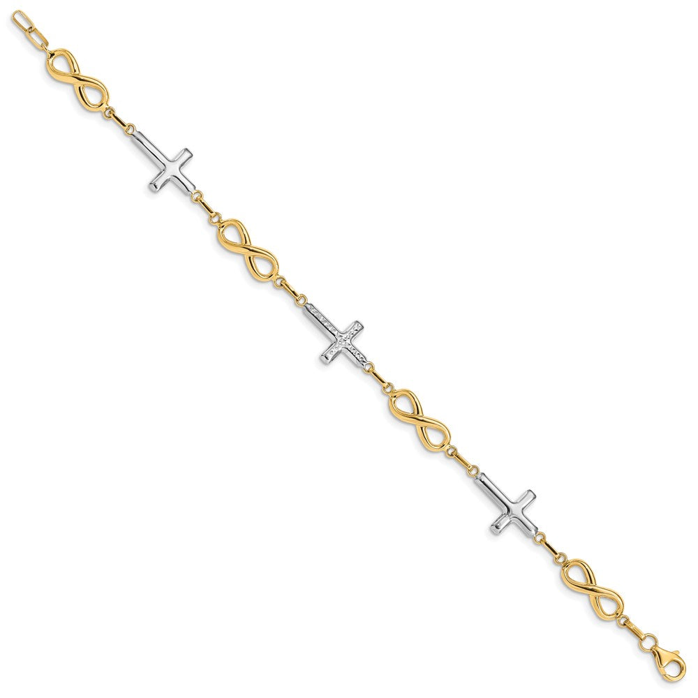 14K with White Rhodium Polished Cross and Infinity Symbol Link Bracelet