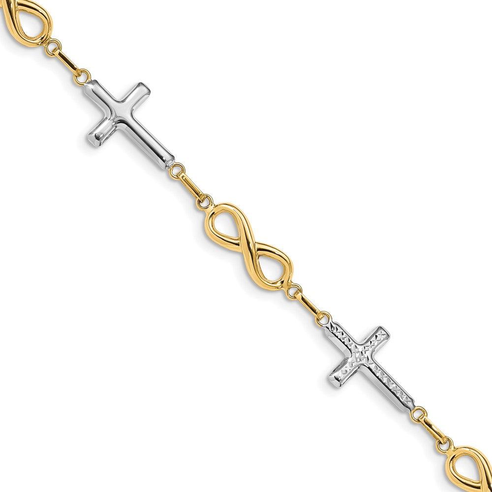 14K with White Rhodium Polished Cross and Infinity Symbol Link Bracelet