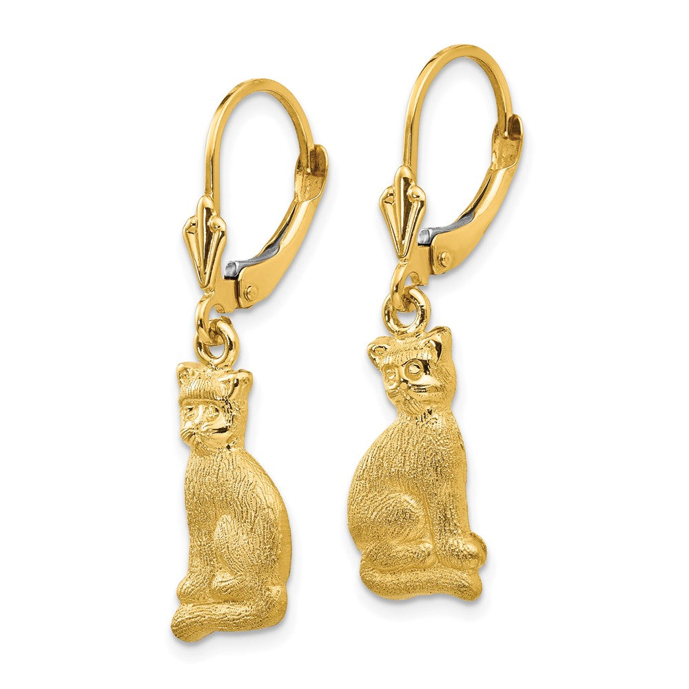 14k Satin Cat Dangle Leverback Earrings