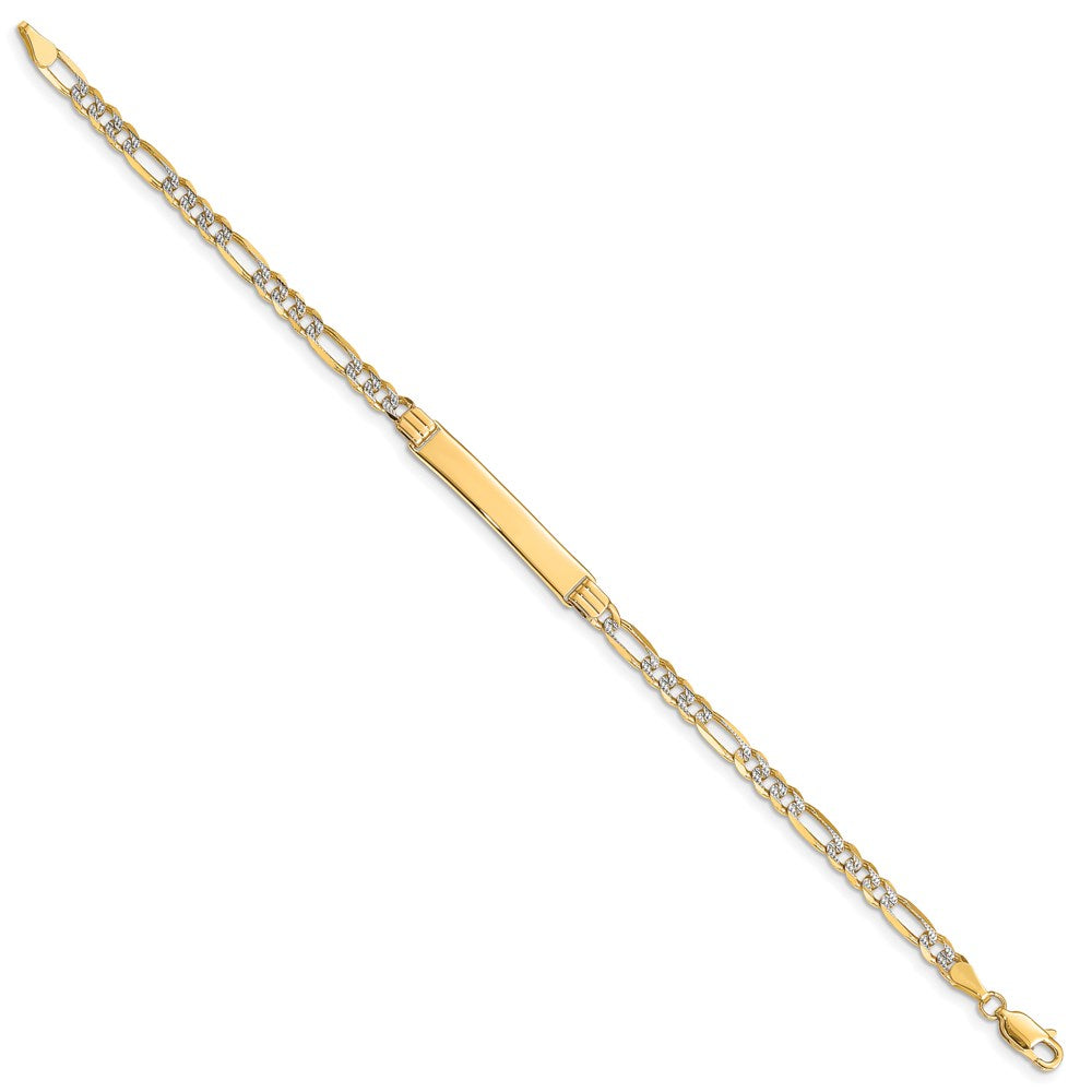 14k Polished with Rhodium Pav√á Solid Chain/Solid Plate Figaro Link 25.5x Plate ID Bracelet