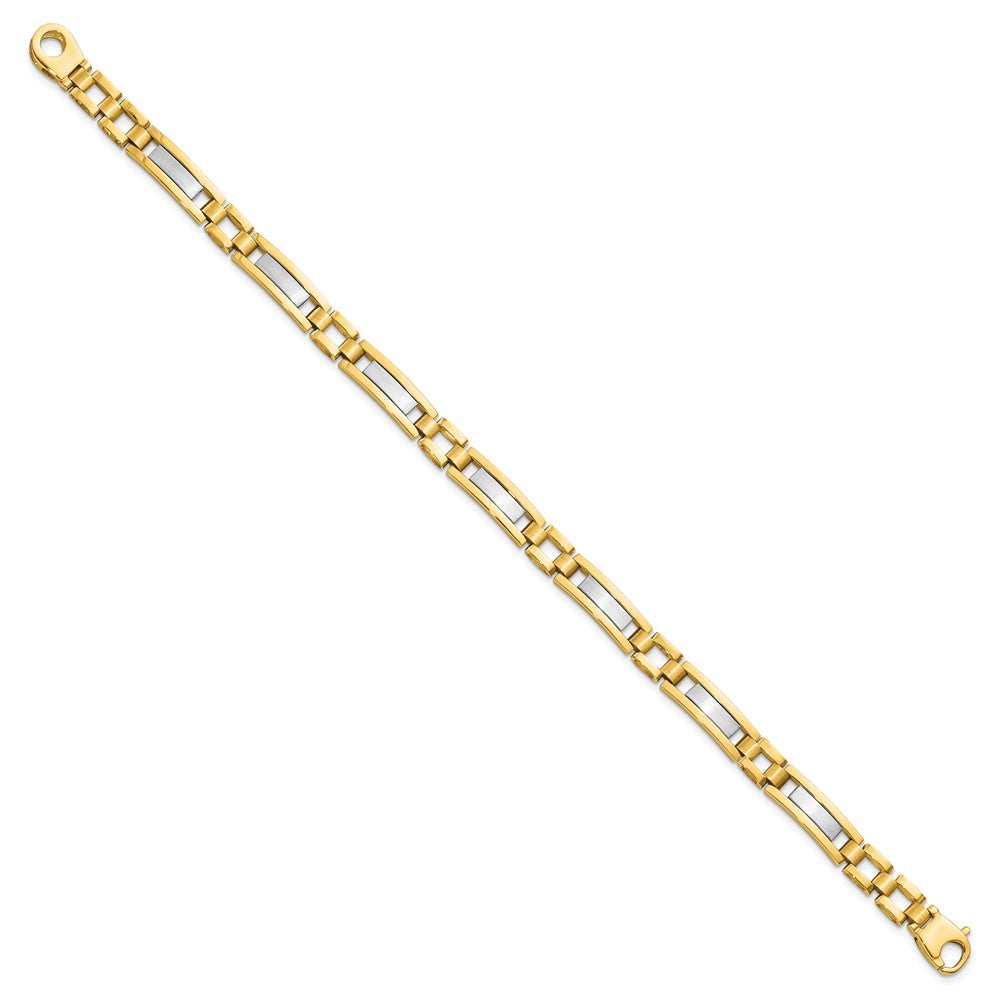 14k Two-tone Polished and Satin Fancy Bar Link Mens Bracelet