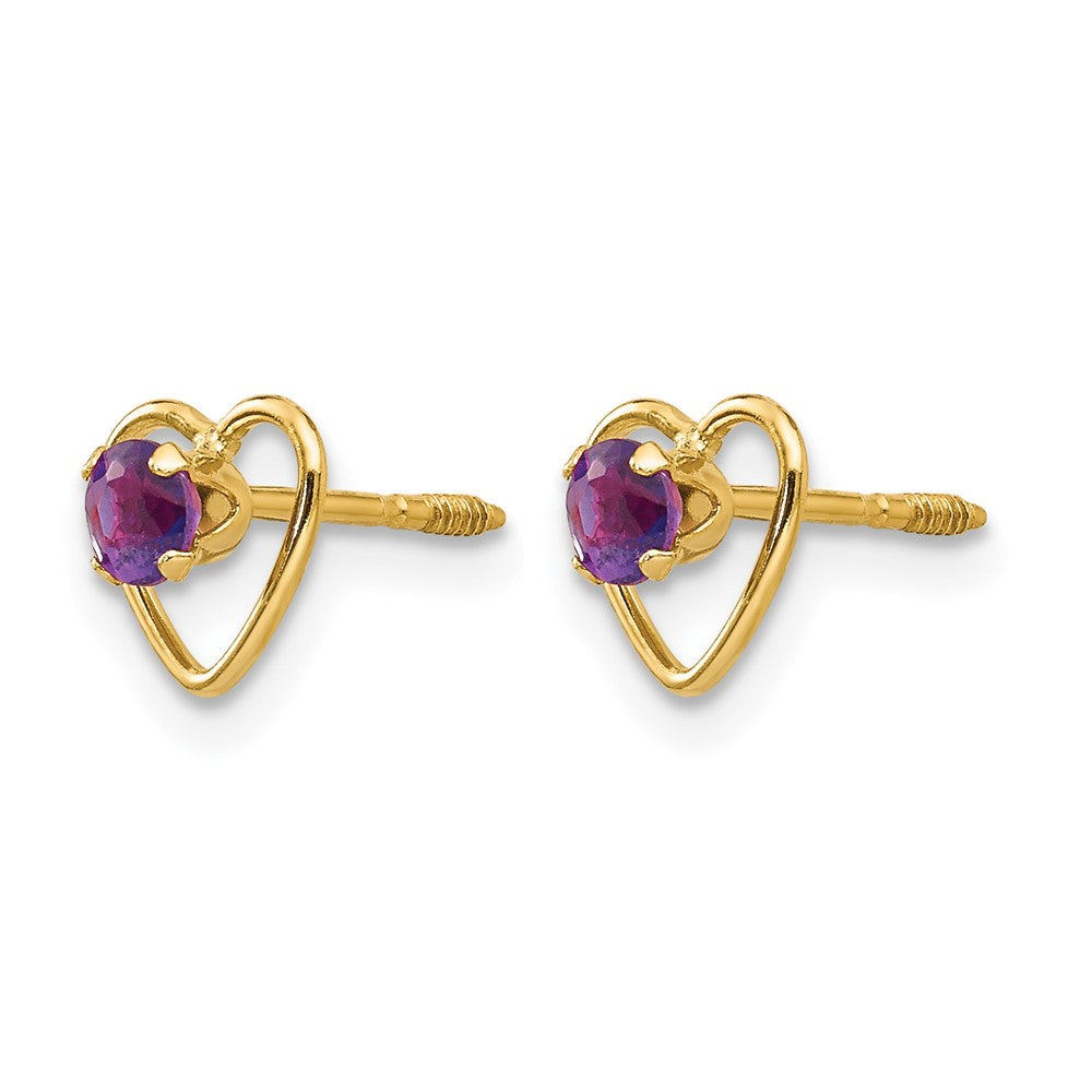14k Madi K Round Genuine Amethyst Birthstone Heart Screwback Post Earrings