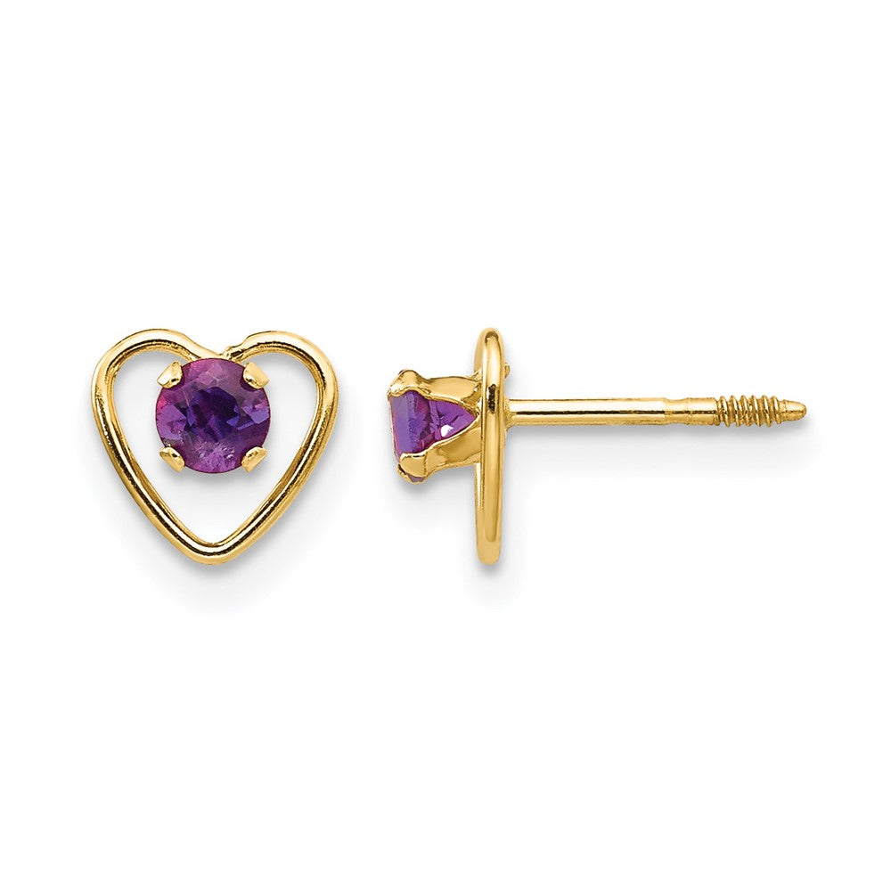14k Madi K Round Genuine Amethyst Birthstone Heart Screwback Post Earrings