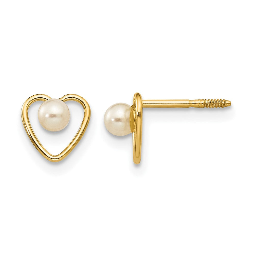 14k Madi K Round White Freshwater Cultured Pearl Birthstone Heart Screwback Post Earrings