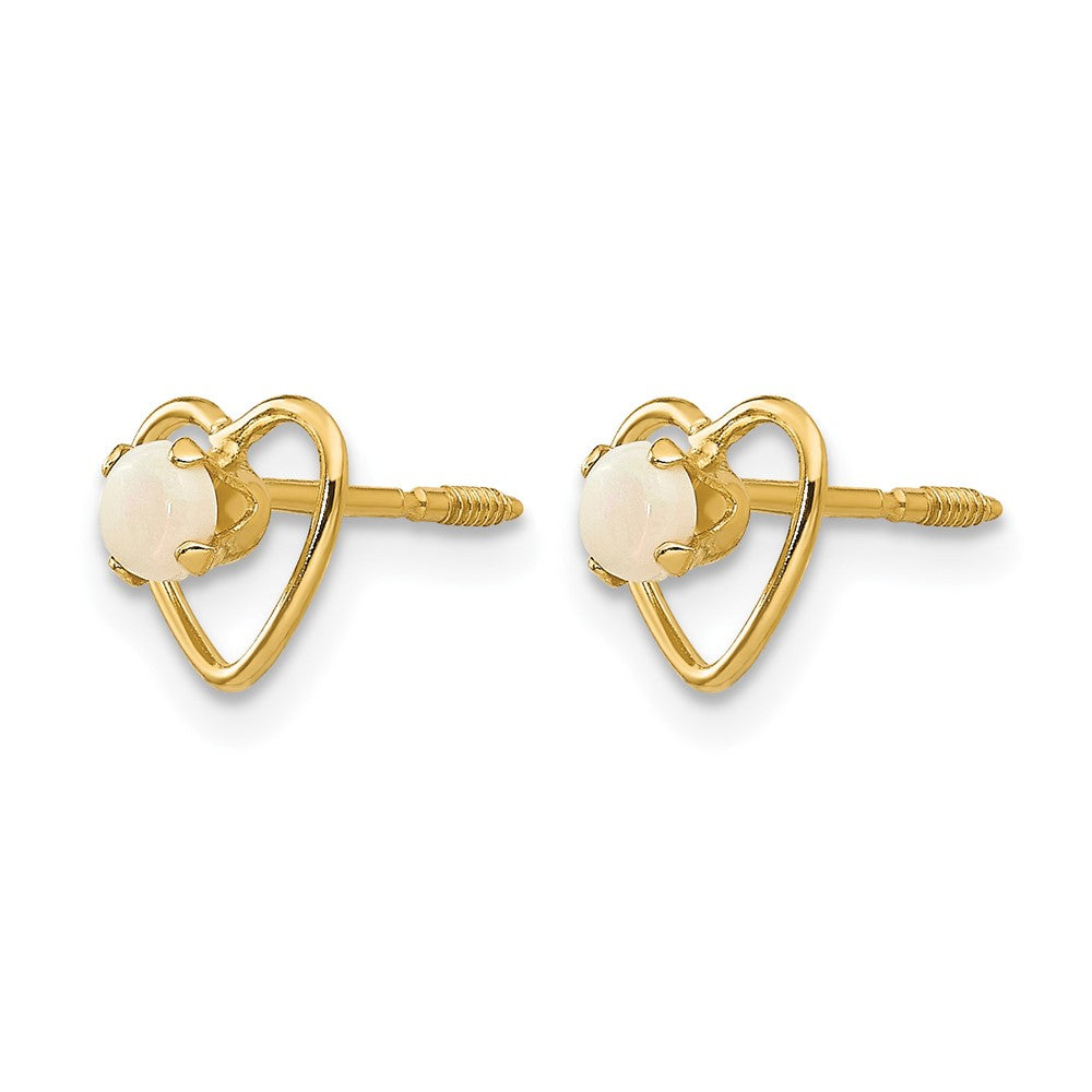 14k Madi K Round Imitation Opal Birthstone Heart Screwback Post Earrings