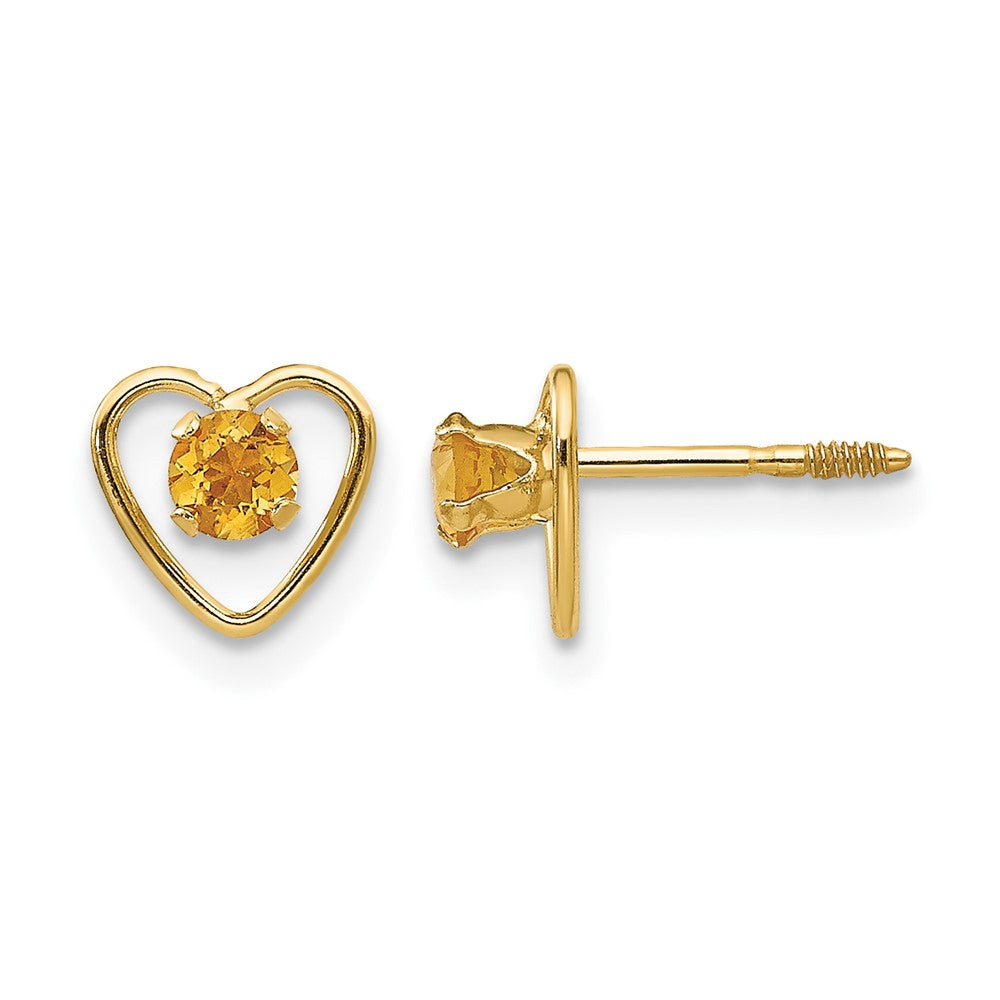 14k Madi K Round Genuine Citrine Birthstone Heart Screwback Post Earrings