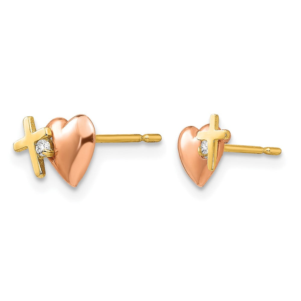 14k Yellow and Rose Gold Madi K CZ Heart and Cross Post Earrings