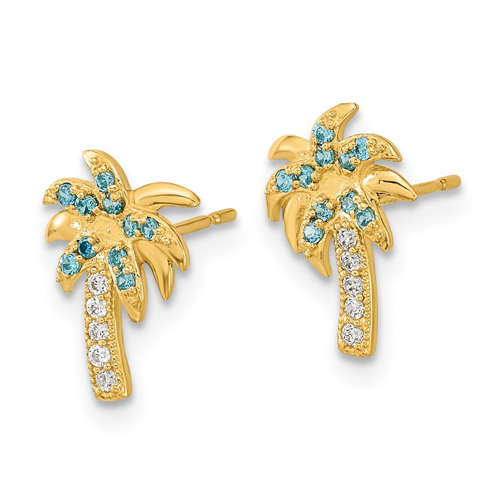 14k Madi K Blue and Clear CZ Palm Tree Childrens Post Earrings