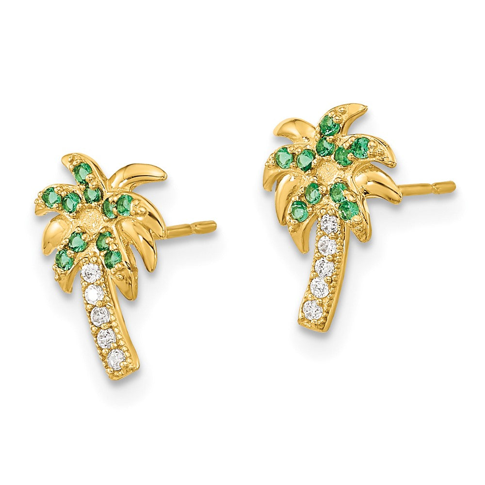 14k Madi K Green and Clear CZ Palm Tree Childrens Post Earrings