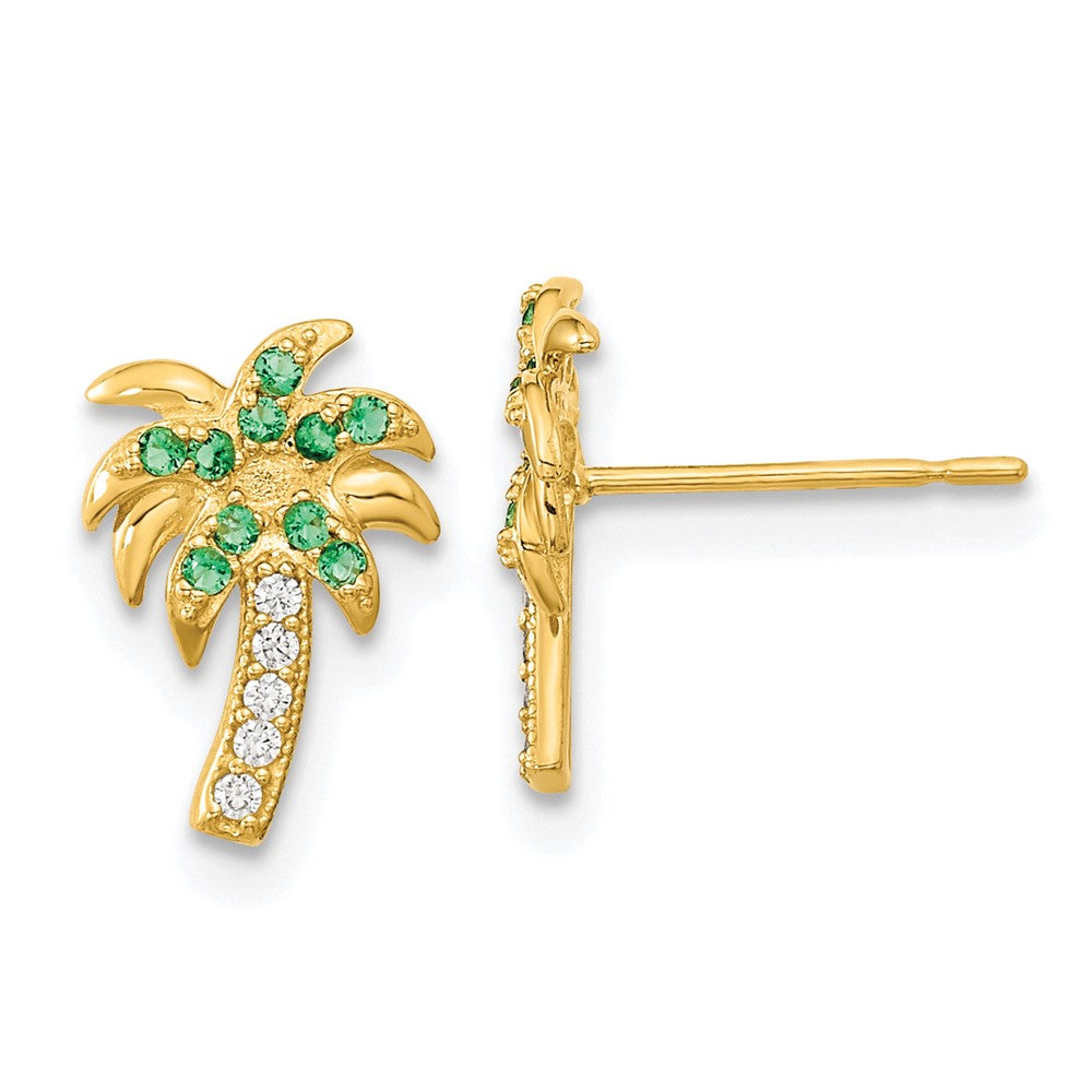 14k Madi K Green and Clear CZ Palm Tree Childrens Post Earrings