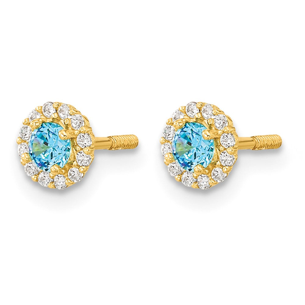 14k Madi K Polished Round Blue and Clear CZ Halo Screwback Post Earrings