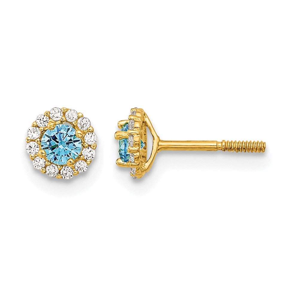 14k Madi K Polished Round Blue and Clear CZ Halo Screwback Post Earrings