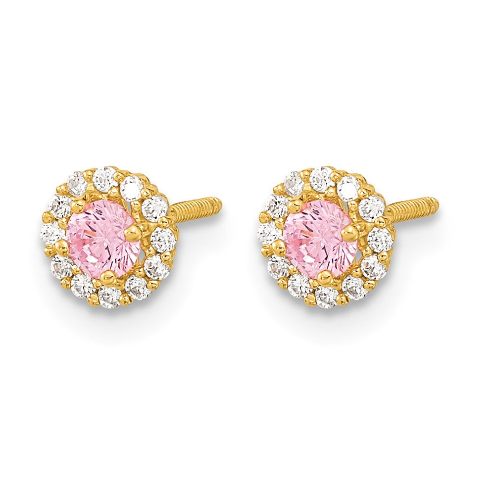 14k Madi K Polished Round Pink and Clear CZ Halo Screwback Post Earrings